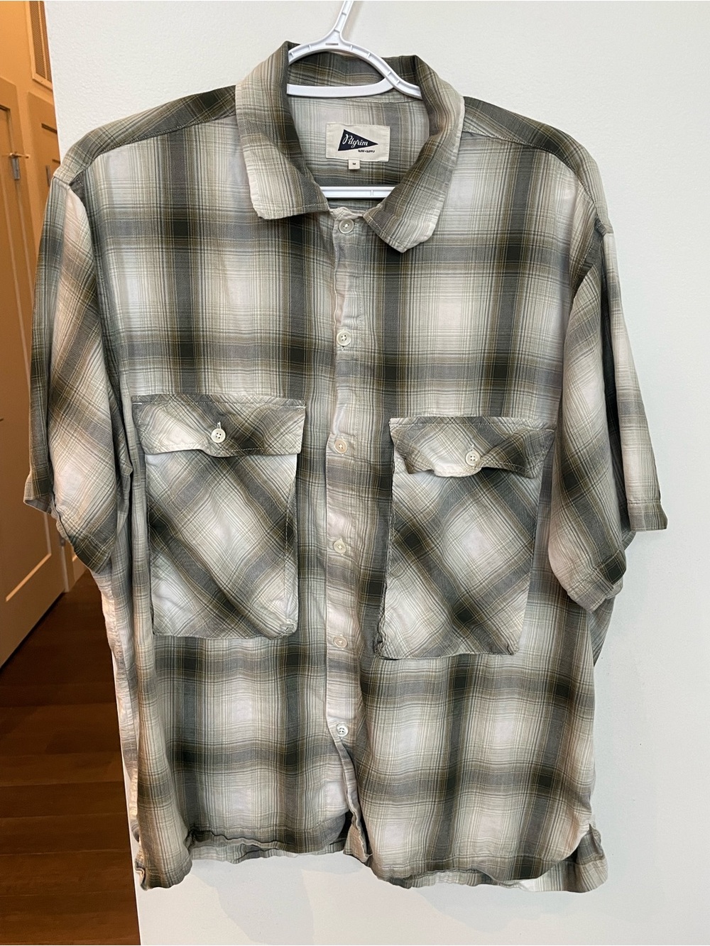 Pilgrim Surf Supply Olive and Cream Shadow Plaid Short-Sleeve Button-Up Shirt